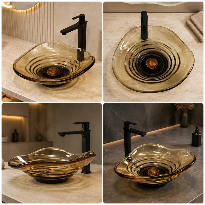 Amber sculptural glass table top wash basin with layered contours, smoky-Orange centre and matching glass waste coupling.