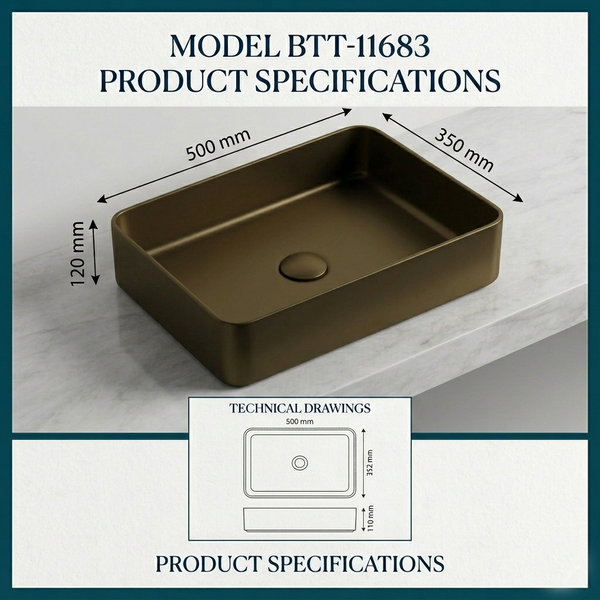 Bassino Modern Stainless Steel Wash Basin | Stylish Countertop Wash Basin for Bathroom–500x350x120 mm Bronze