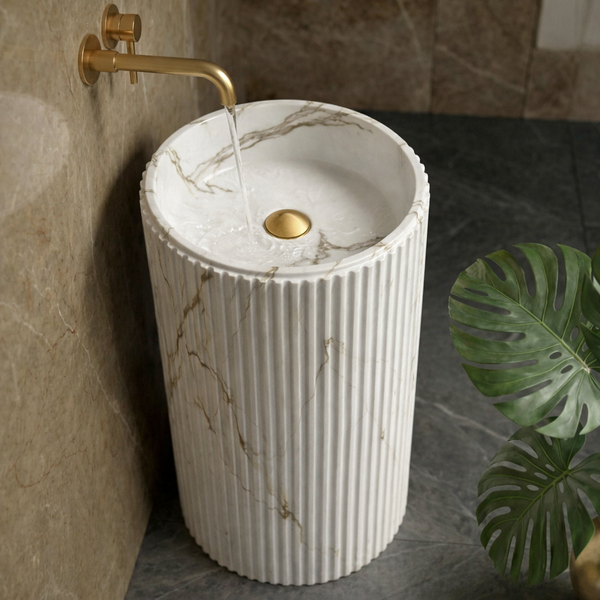 Fluted Marble-Texture Artificial Stone Pedestal Basin | Designer Freestanding Wash Basin (16″ × 16″ × 34.5″) NCASB 2072