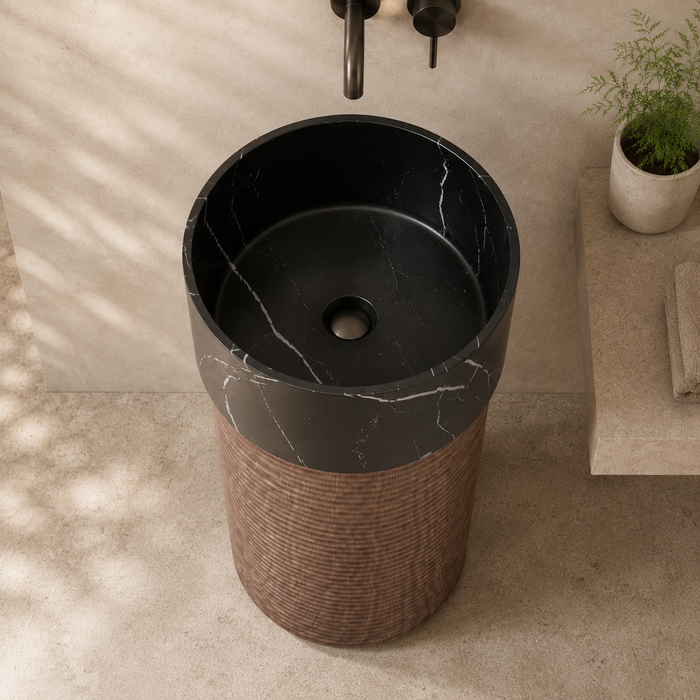 Artificial Stone Pedestal Basin – Black Marble & Wooden Texture 