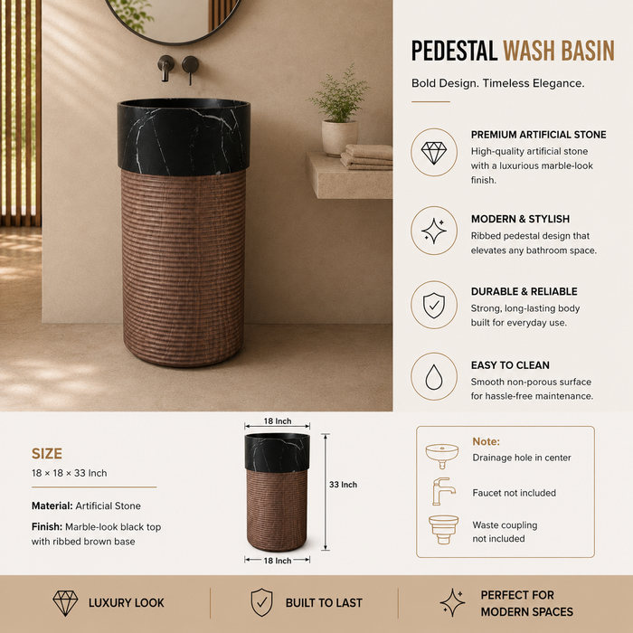 Artificial Stone Pedestal Basin – Black Marble & Wooden Texture 
