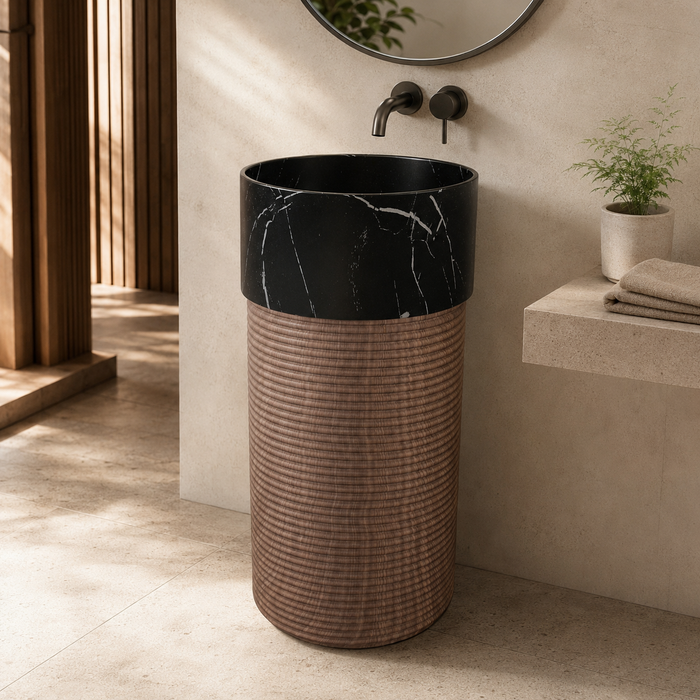 Artificial Stone Pedestal Basin – Black Marble & Wooden Texture 