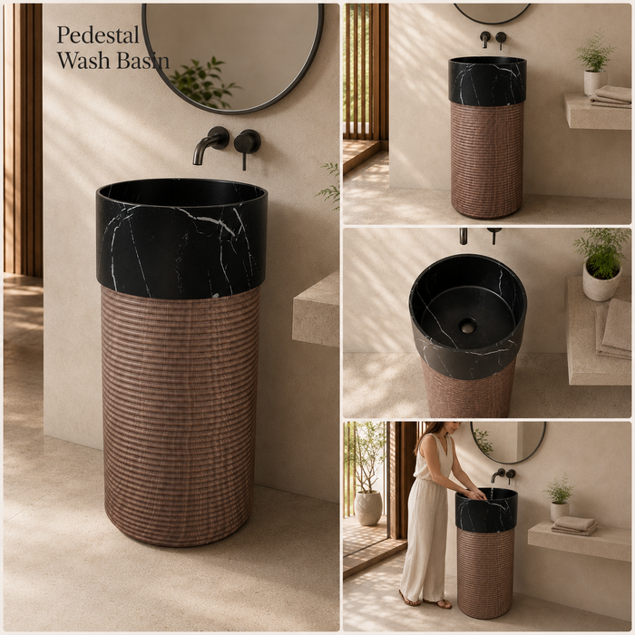 Artificial Stone Pedestal Basin – Black Marble & Wooden Texture 