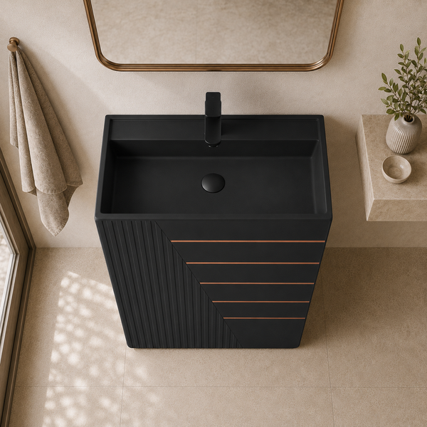 Artificial Stone Pedestal Basin – Black with Gold Line Design | With Tap Hole | 19″ × 16″ × 34″ in
