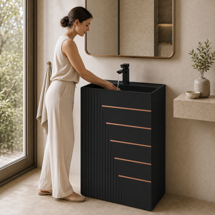 Artificial Stone Pedestal Basin – Black with Gold Line Design 