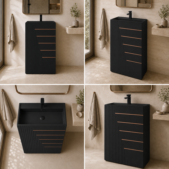 Artificial Stone Pedestal Basin – Black with Gold Line Design 