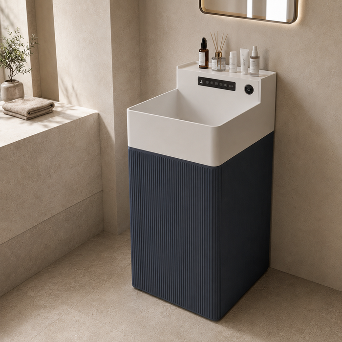 Artificial Stone Rectangle Pedestal Basin – White & Blue 