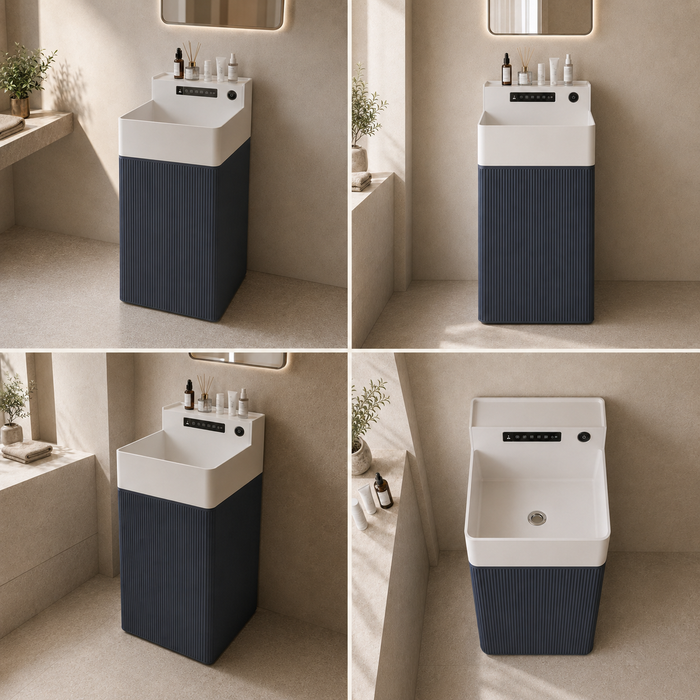 Artificial Stone Rectangle Pedestal Basin – White & Blue 