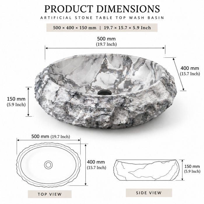 Artificial stone table top wash basin with white and grey marble finish, rugged rock texture and oval design, 500 × 400 × 150 mm.