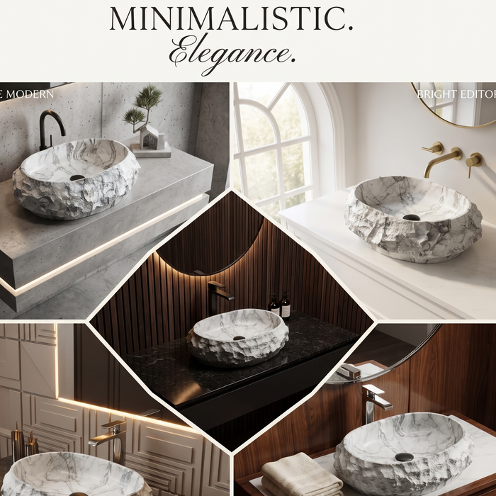 Artificial stone table top wash basin with white and grey marble finish, rugged rock texture and oval design, 500 × 400 × 150 mm.