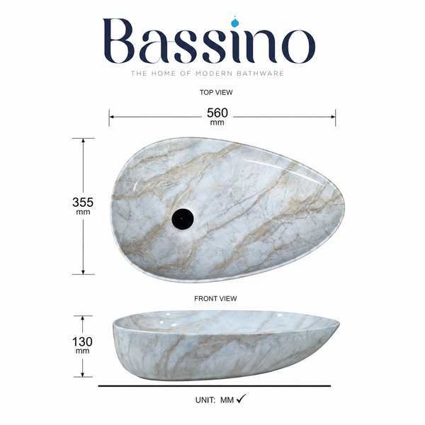 Asymmetric marble pattern table top wash basin 22 x 14 x 5.1 inch with white and beige veining for modern bathroom countertop