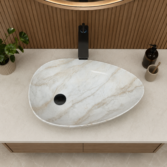 Asymmetric oval marble pattern table top wash basin 22 x 14 x 5.1 inch with white and beige veining for modern bathroom countertop