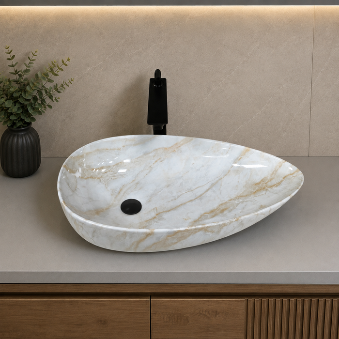 Asymmetric oval marble pattern table top wash basin 22 x 14 x 5.1 inch with white and beige veining for modern bathroom countertop