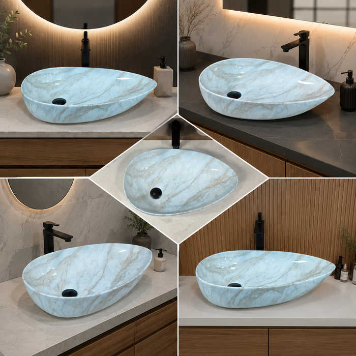 Asymmetric oval marble pattern table top wash basin 22 x 14 x 5.1 inch with white and beige veining for modern bathroom countertop