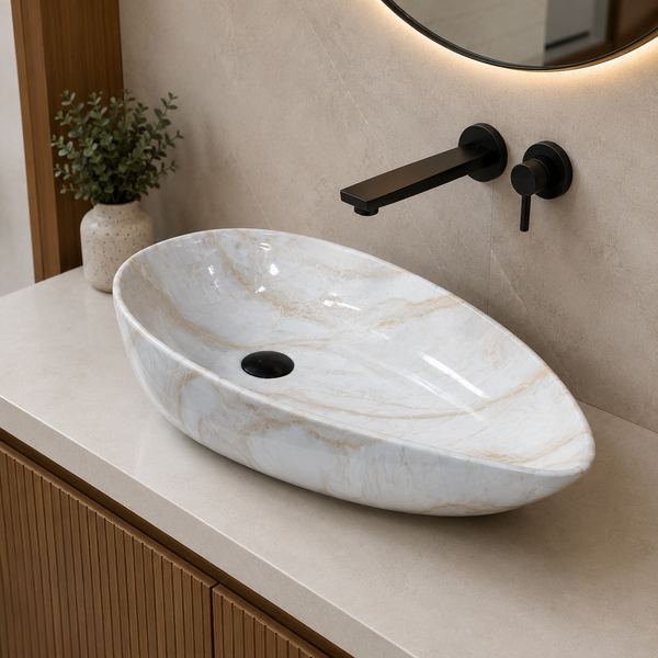 Asymmetric marble pattern table top wash basin 22 x 14 x 5.1 inch with white and beige veining for modern bathroom countertop