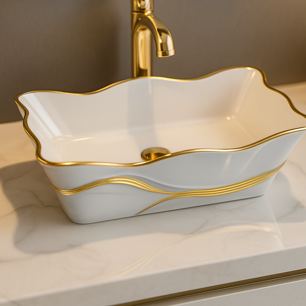 Premium Designer Ceramic Table Top Wash Basin, White with Gold Glossy (20 x 15 x 6 In) White