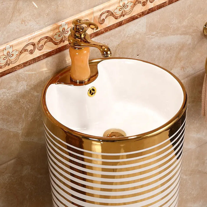 BASSINO Ceramic Pedestal Free Standing Wash Basin For Living Room and Bathroom,Home & Office Basin (410X410X840 MM, White,Gold-Glossy) BPB-501