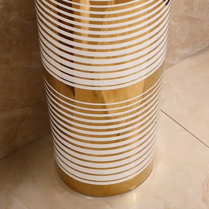BASSINO Ceramic Pedestal Free Standing Wash Basin For Living Room and Bathroom,Home & Office Basin (410X410X840 MM, White,Gold-Glossy) BPB-501