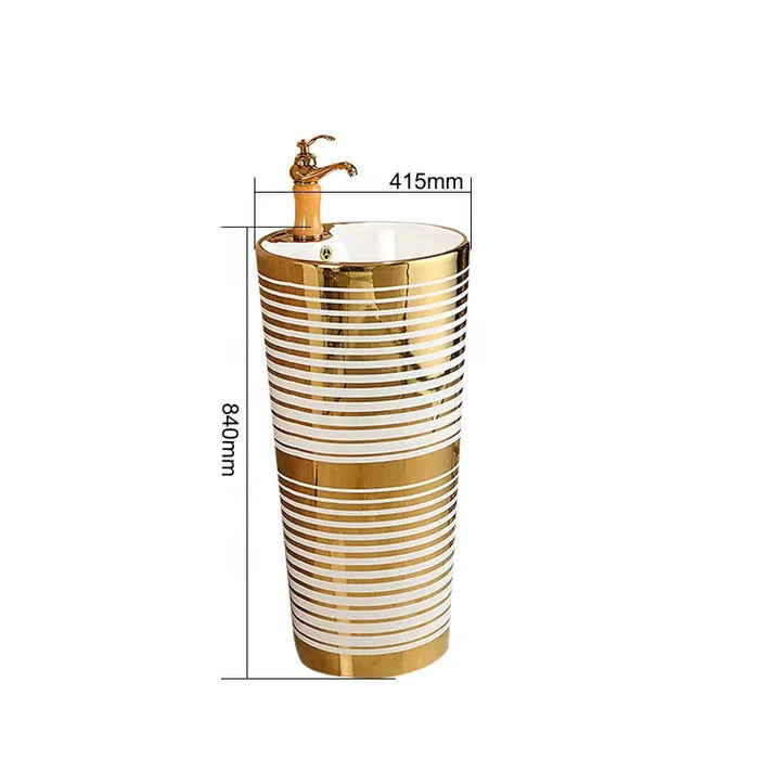 BASSINO Ceramic Pedestal Free Standing Wash Basin For Living Room and Bathroom,Home & Office Basin (410X410X840 MM, White,Gold-Glossy) BPB-501