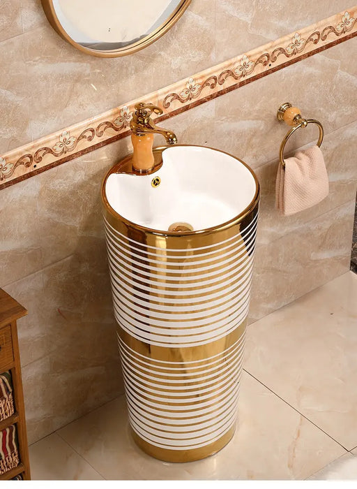 BASSINO Ceramic Pedestal Free Standing Wash Basin For Living Room and Bathroom,Home & Office Basin (410X410X840 MM, White,Gold-Glossy) BPB-501
