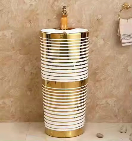 BASSINO Ceramic Pedestal Free Standing Wash Basin For Living Room and Bathroom,Home & Office Basin (410X410X840 MM, White,Gold-Glossy) BPB-501