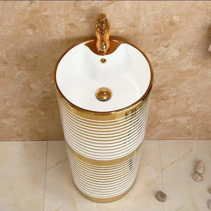 BASSINO Ceramic Pedestal Free Standing Wash Basin For Living Room and Bathroom,Home & Office Basin (410X410X840 MM, White,Gold-Glossy) BPB-501