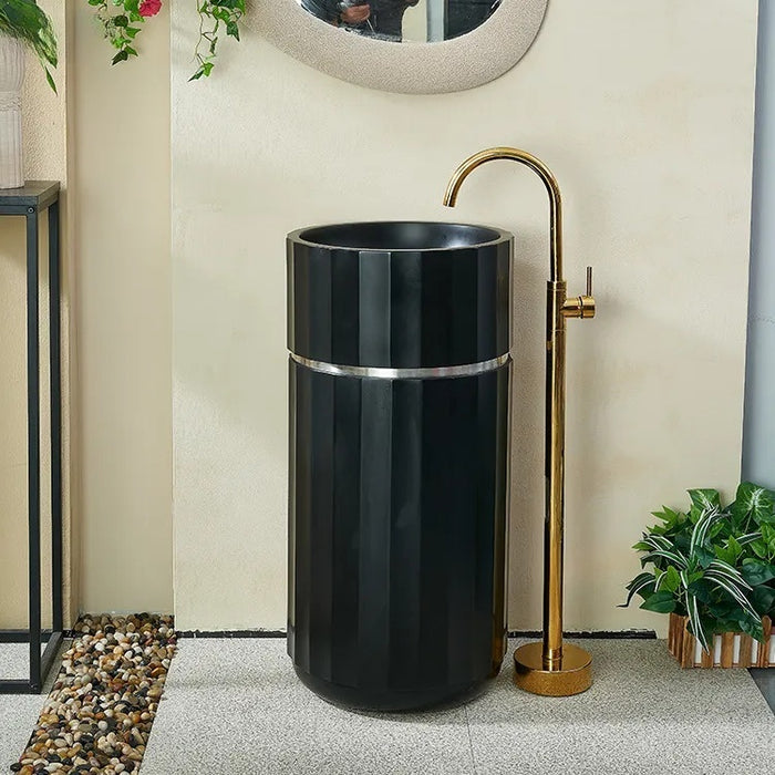 BASSINO Ceramic Pedestal Free Standing Wash Basin For Living Room and Bathroom,Home & Office Basin (440X440X860 MM, Black-Matt) BPB-709