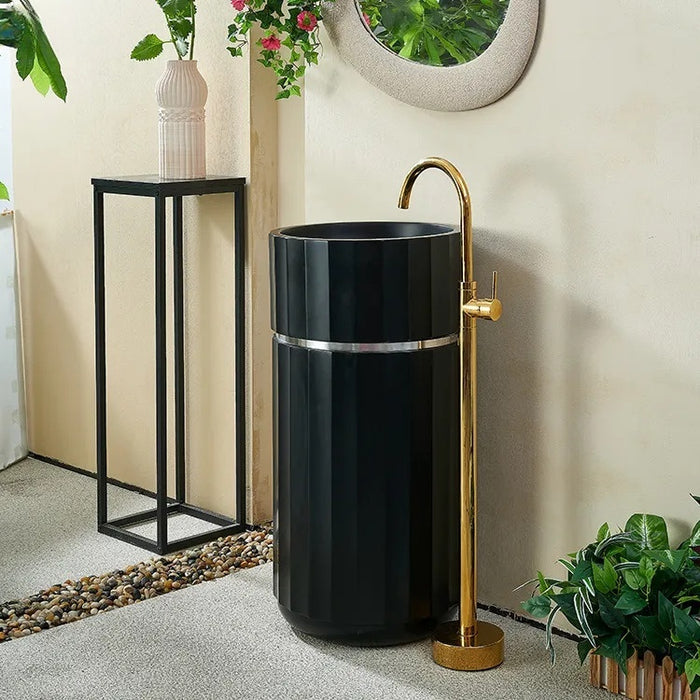 BASSINO Ceramic Pedestal Free Standing Wash Basin For Living Room and Bathroom,Home & Office Basin (440X440X860 MM, Black-Matt) BPB-709
