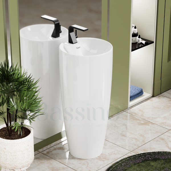 Premium Ceramic Pedestal Wash Basin, White Finish (15 × 15 × 34 In) BPB-751-IN
