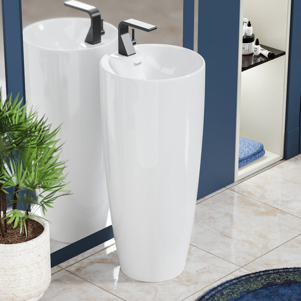 Premium Ceramic Pedestal Wash Basin, White Finish (15 × 15 × 34 In) BPB-751-IN