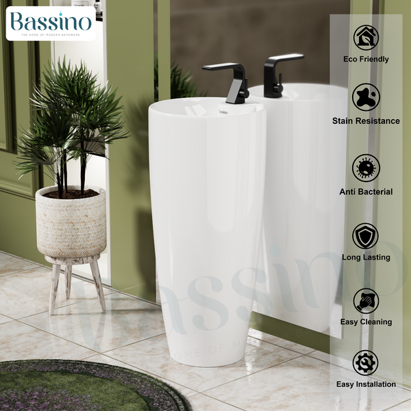Premium Ceramic Pedestal Wash Basin, White Finish (15 × 15 × 34 In) BPB-751-IN