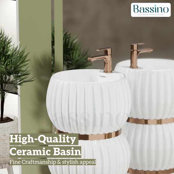 Premium Ceramic Pedestal Wash Basin, White Finish (16 × 16 × 33 In) BPB-770