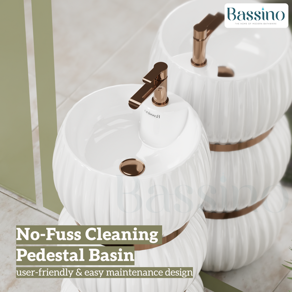 Premium Ceramic Pedestal Wash Basin, White Finish (16 × 16 × 33 In) BPB-770
