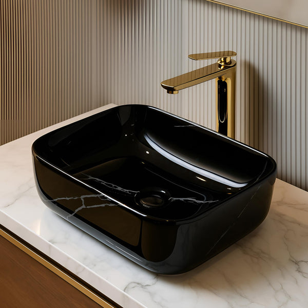 Premium Ceramic Table Top Wash Basin, Black Marble Glossy (16 × 12 × 5.5 In) BTT-660-IN
