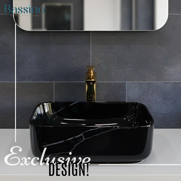 Premium Ceramic Table Top Wash Basin, Black Marble Glossy (16 × 12 × 5.5 In) BTT-660-IN