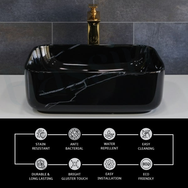 Premium Ceramic Table Top Wash Basin, Black Marble Glossy (16 × 12 × 5.5 In) BTT-660-IN