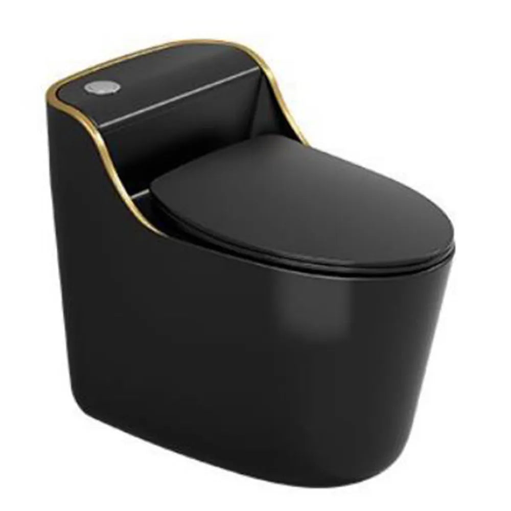 Bassino Floor Mounted Syphonic Closet One Piece Water Closet Ceramic Western Toilet Seat-Western Commode Toilet Seat/European Toilet Seat for Lavatory MATT BLACK AND GOLD LINE Shape (S Trap Outlet is from Floor) (Size : 720x415x570mm)