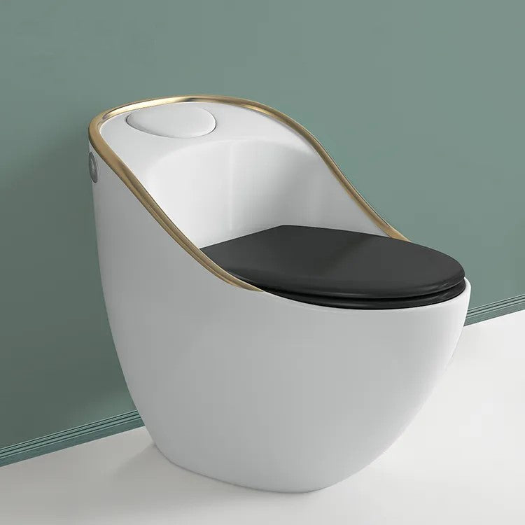 Bassino Floor Mounted Syphonic Closet One Piece Water Closet Ceramic Western Toilet Seat-Western Commode Toilet Seat/European Toilet Seat for Lavatory WHITE AND BLACK WITH GOLD LINE Shape (S Trap Outlet is from Floor) (Size : 690x460x660mm)