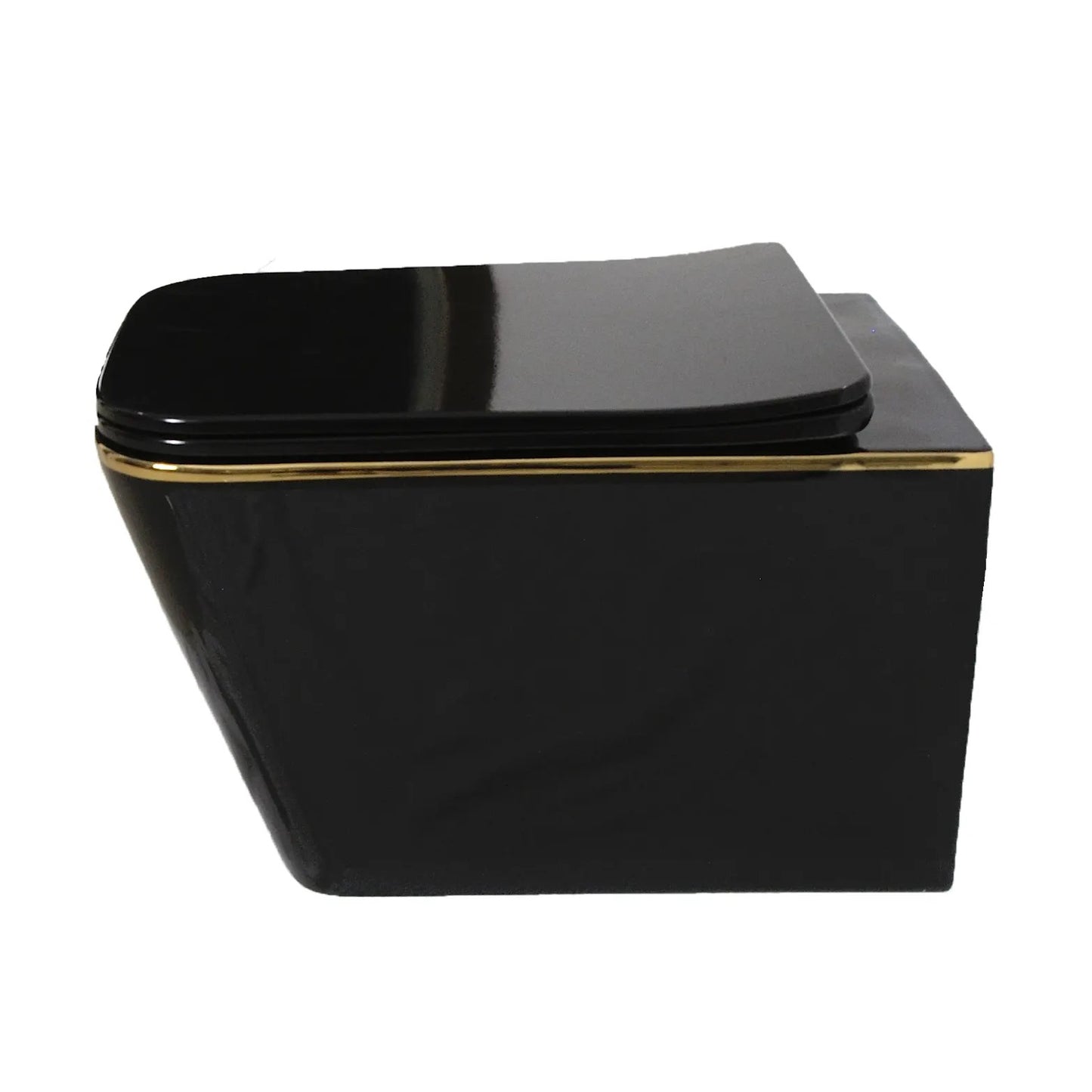 Bassino Ceramic Wall Mount/Wall Hung Western Toilet/Commode/Water Closet /European Commode P Trap Outlet Is From WALL With Soft Close Seat Cover For Bathrooms (Size : 520*360*350mm) BLACK GLOSSY WITH GOLDEN LINE