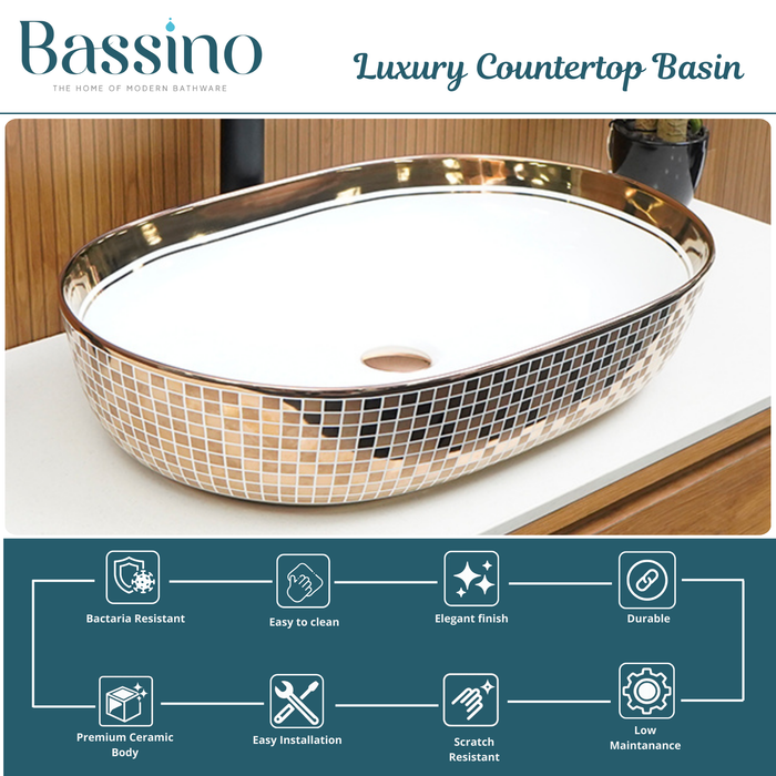 Premium Ceramic Designer Table Top Wash Basin, Rose Gold Glossy Mosaic Finish (24 x 16 x 5 In),BTT-11172