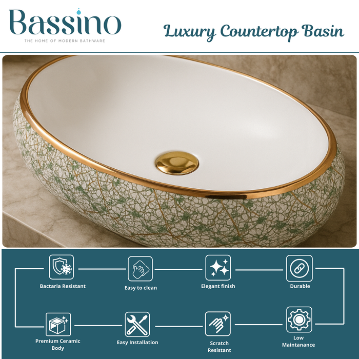 Premium Ceramic Wash Basin (Rose Gold Rim & Artistic Pattern 24 x 16 x 6 In - AB001)