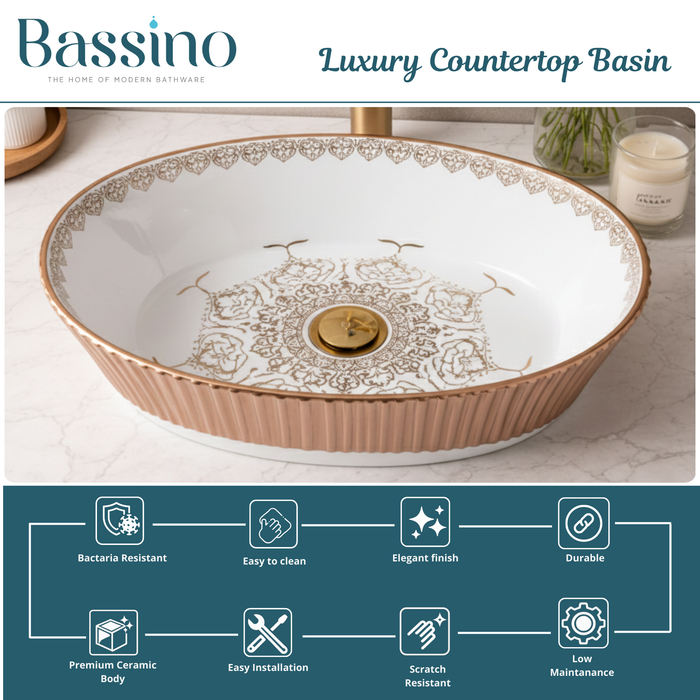 Luxury Oval Table Top Wash Basin – Glossy White with Rose Gold Pattern | Designer Bathroom Basin (20″ × 13″ × 6″ IN) BTT-11722
