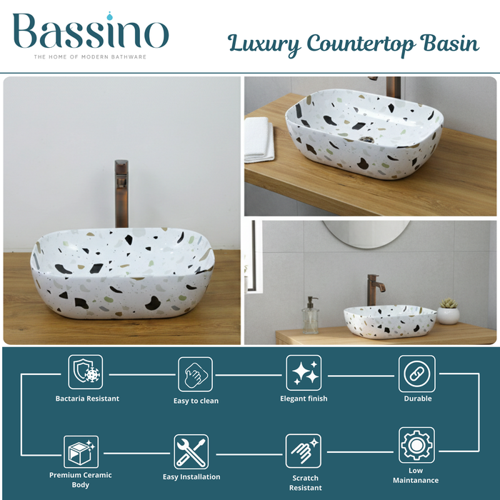 Premium Ceramic Table Top Wash Basin, White Terrazzo Marble (18 × 13 × 6 In) BTT-1042