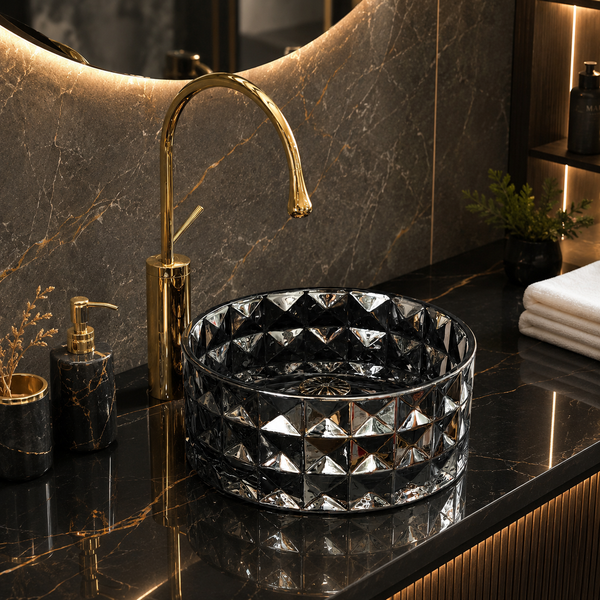 Bassino 12" Luxury Crystal Cut Glass Countertop Wash Basin – Premium Smoky Black Designer Vessel Sink (11.8" x 11.8" x 5.1")