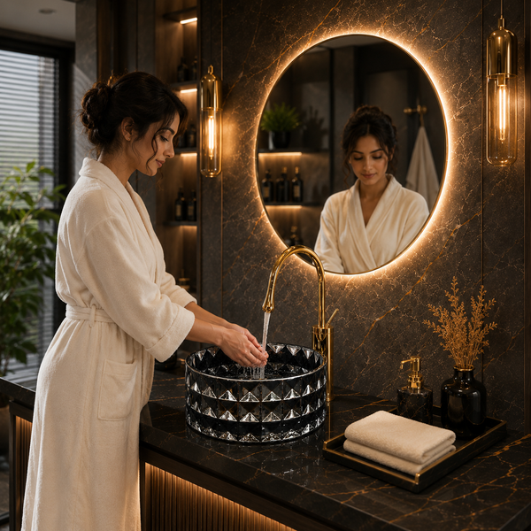 Bassino 12" Luxury Crystal Cut Glass Countertop Wash Basin – Premium Smoky Black Designer Vessel Sink (11.8" x 11.8" x 5.1")