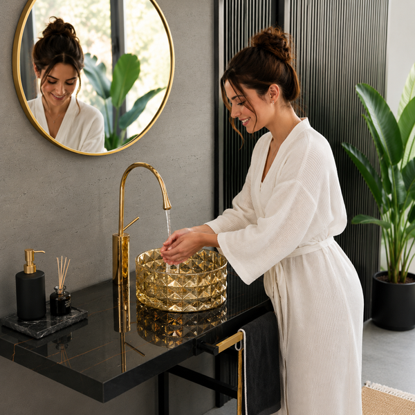 Bassino 12" Luxury Crystal Cut Glass Countertop Wash Basin – Premium Amber Gold Round Designer Vessel Sink (11.8" x 11.8" x 5.1")