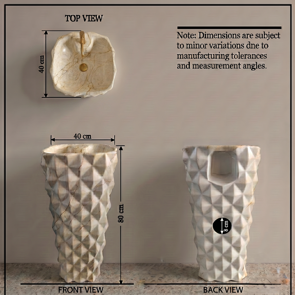 Bassino 15.7" Geometric Pedestal Basin – Sculpted Freestanding Bathroom Sink in Marble Finish (15.7" W x 31.5"H)