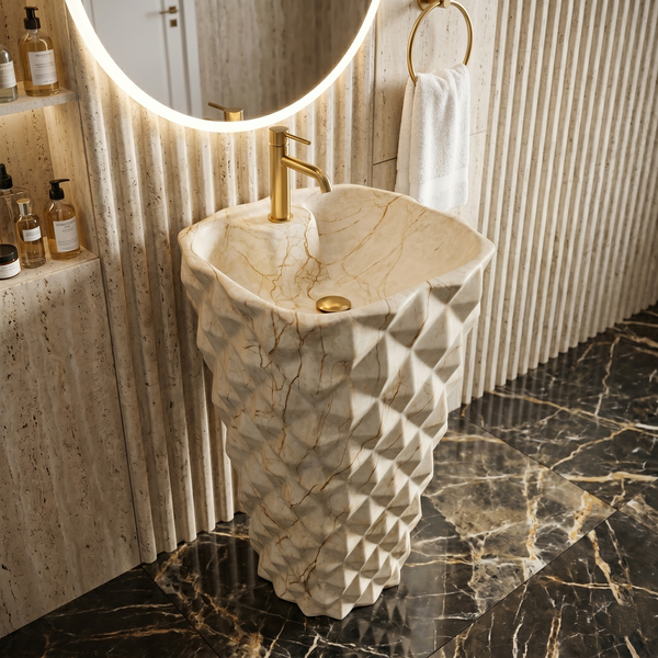 Bassino 15.7" Geometric Pedestal Basin – Sculpted Freestanding Bathroom Sink in Marble Finish (15.7" W x 31.5"H)