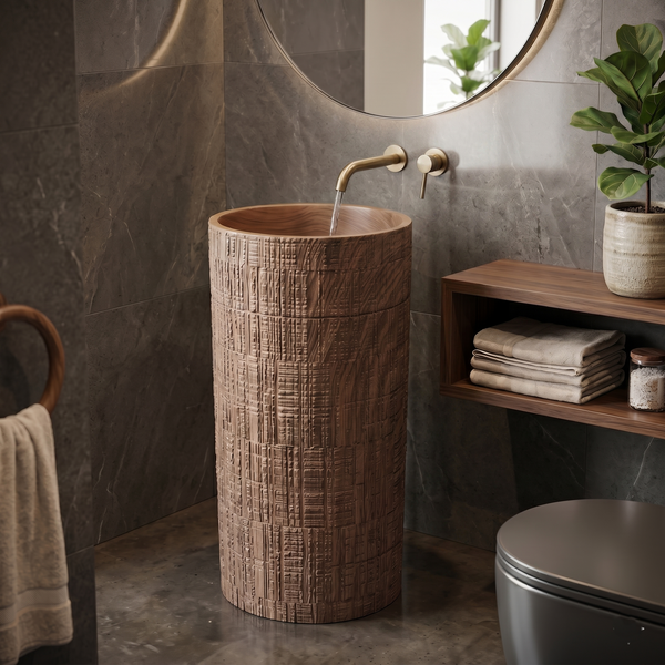 Bassino 15.7" Round Wood-Textured Pedestal Basin – Freestanding Bathroom Sink in Walnut Finish (15.7" W x 33.9" H)