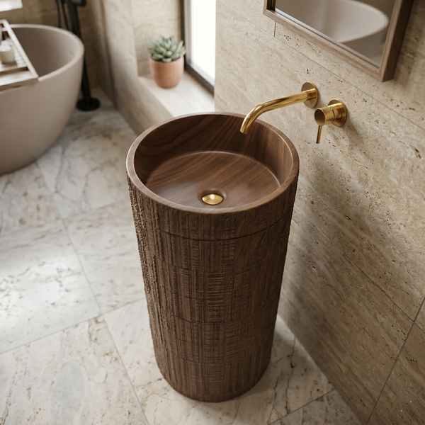 Bassino 15.7" Round Wood-Textured Pedestal Basin – Freestanding Bathroom Sink in Walnut Finish (15.7" W x 33.9" H)